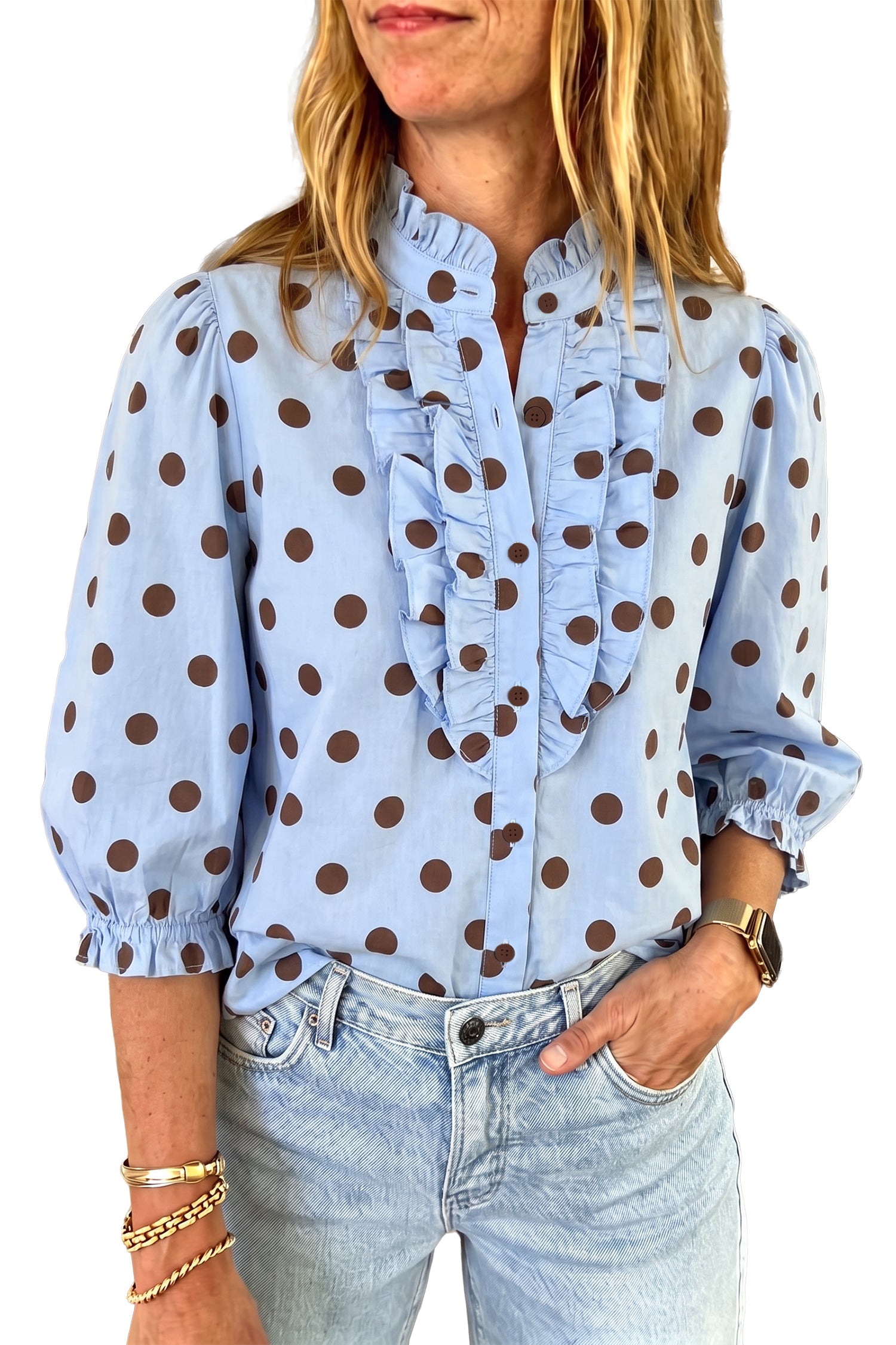 Black white Polka Dot Striped Print Ruffle Stand Neck 3/4 Sleeve Shift Shirt