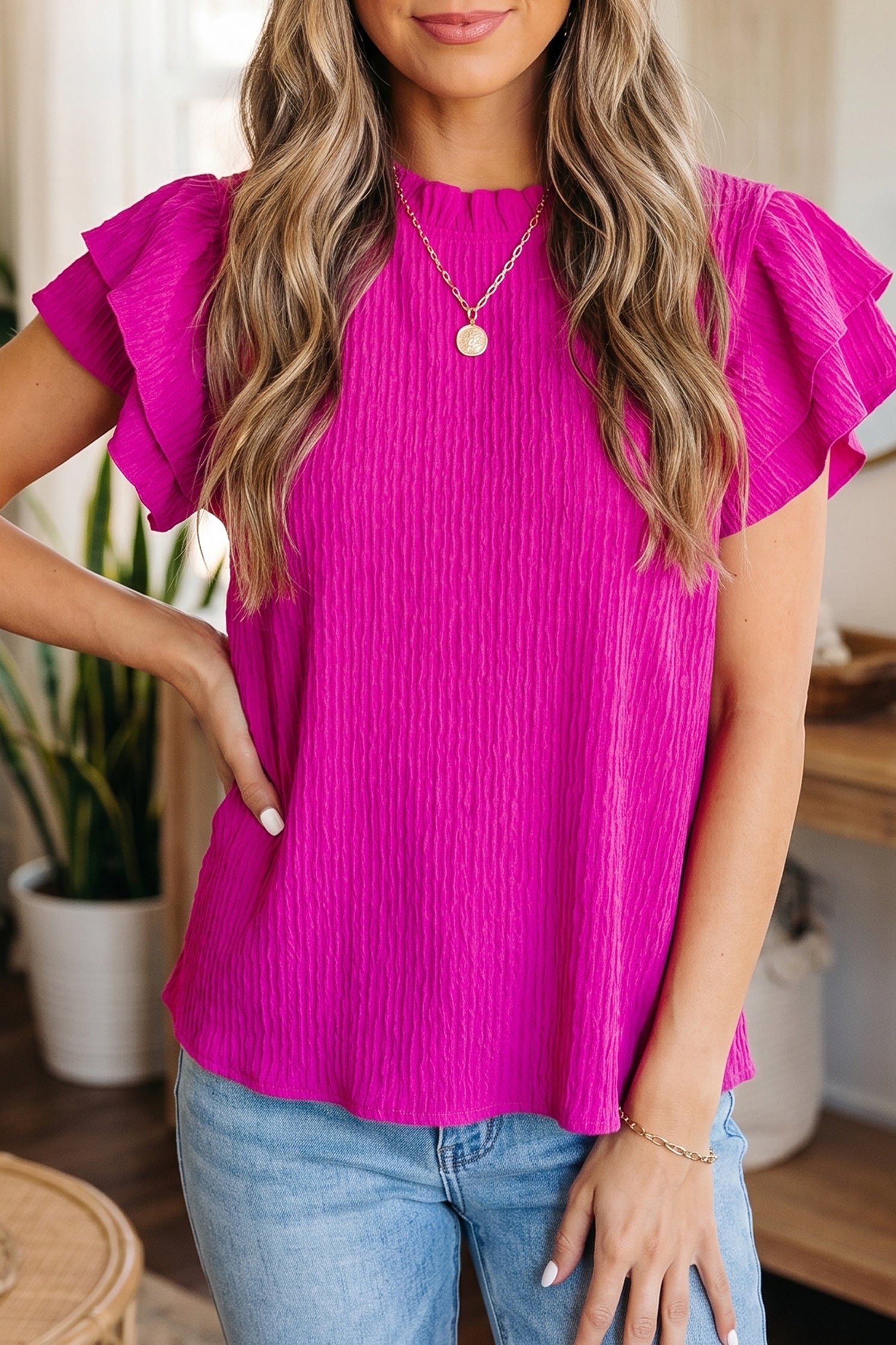 Dark Blue Solid Color Textured Ruffle Trim Short Sleeve Blouse
