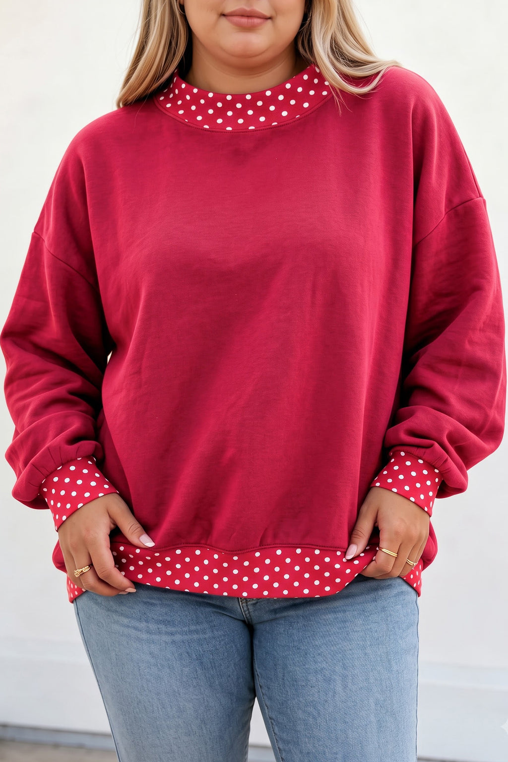 Black Polka Dot Patchwork Round Neck Plus Size Sweatshirt