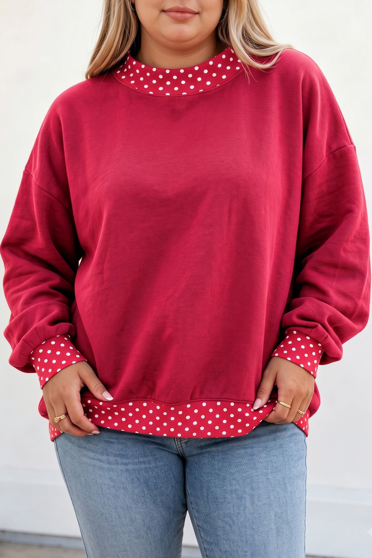 Black Polka Dot Patchwork Round Neck Plus Size Sweatshirt