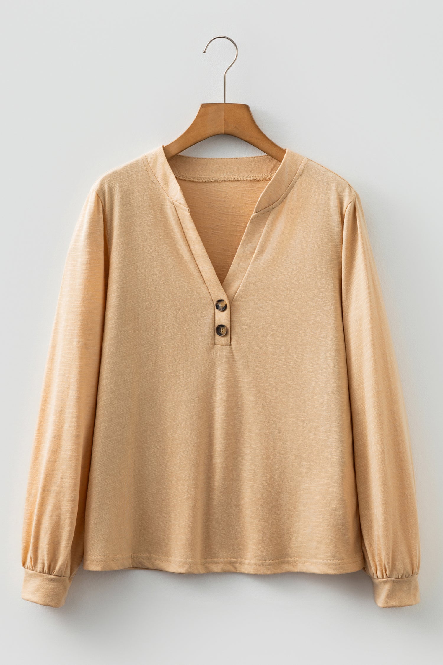 Racing Red Solid Color Button V Neck Long Sleeve Top