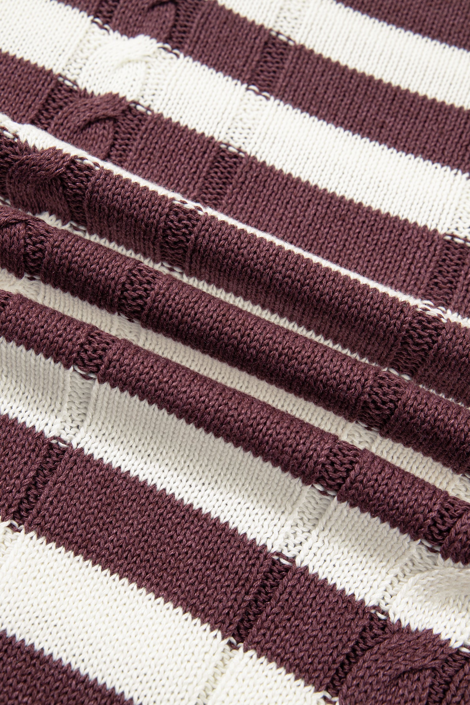 Brown Stripe Ribbed Knit Cable Detail Short Sleeve Sweater