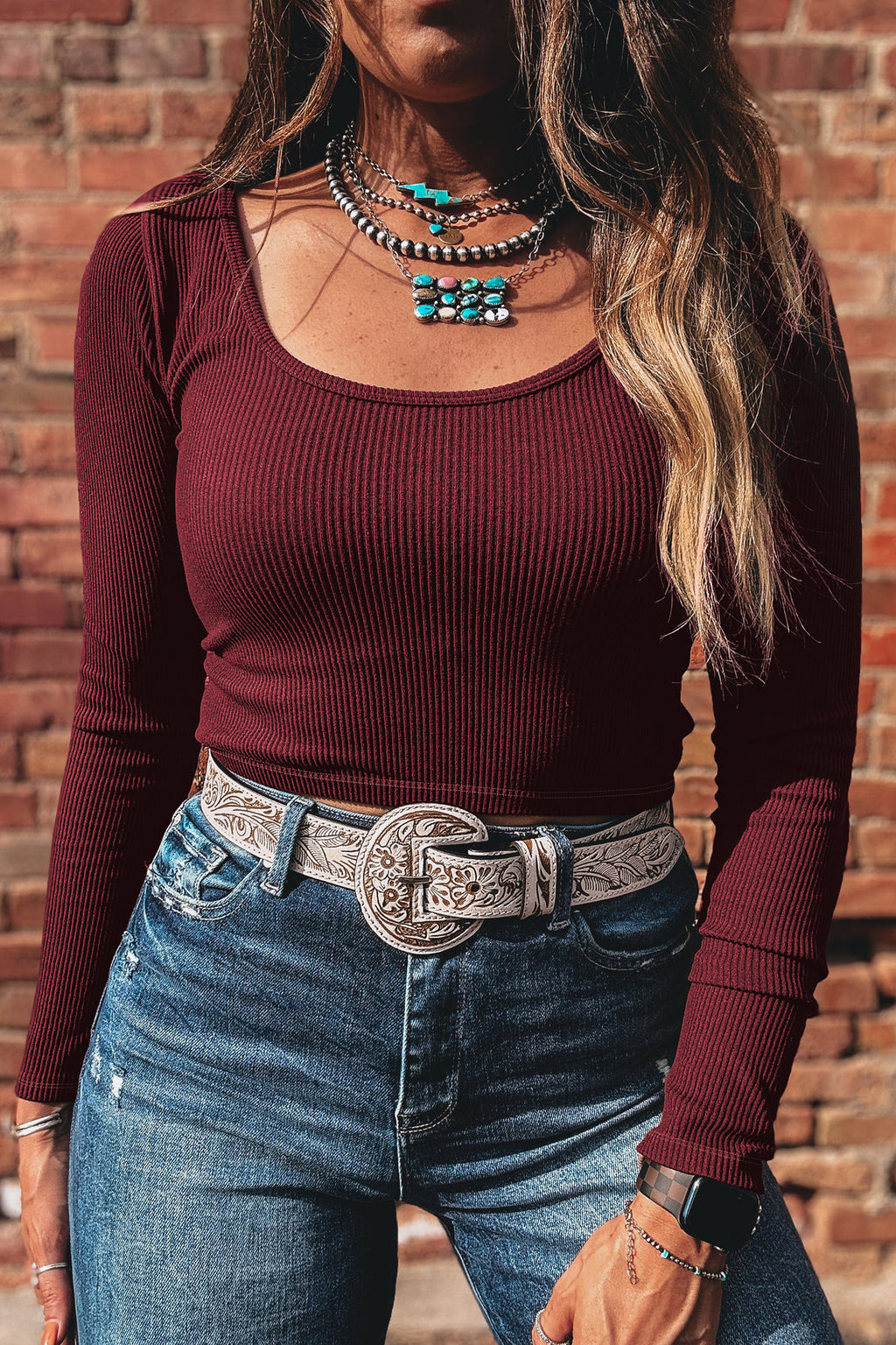 Coffee Ribbed Solid Color U Neck Cropped Long Sleeve Top