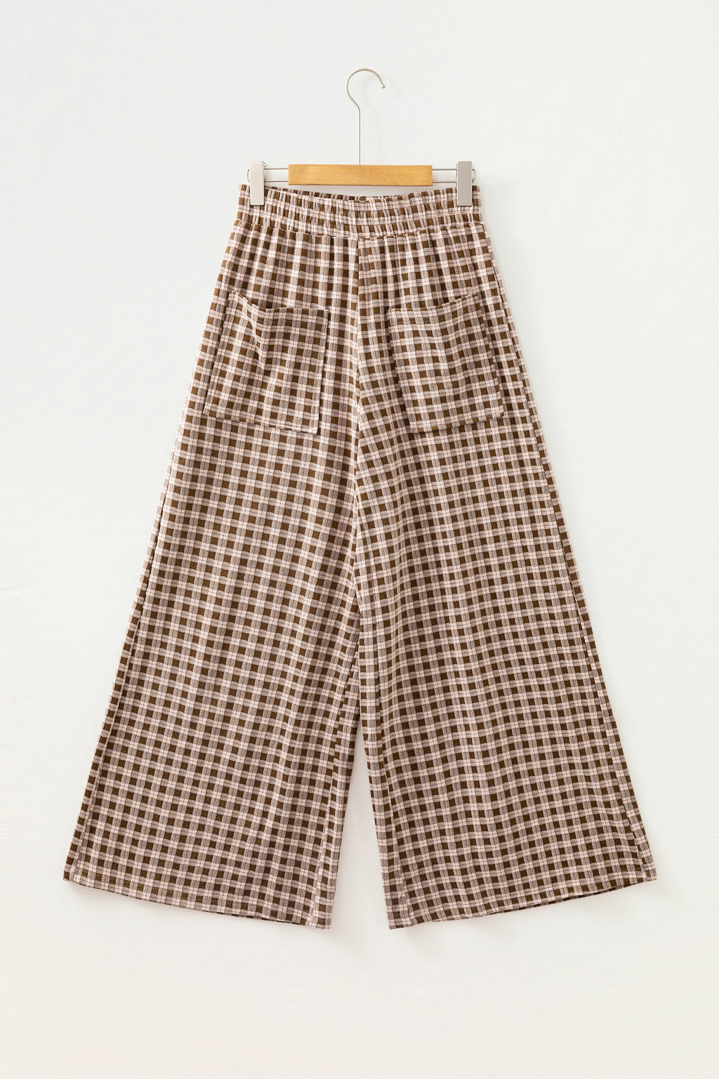 Khaki Plaid Elastic Waist Patch Pocket Wide Leg Pants
