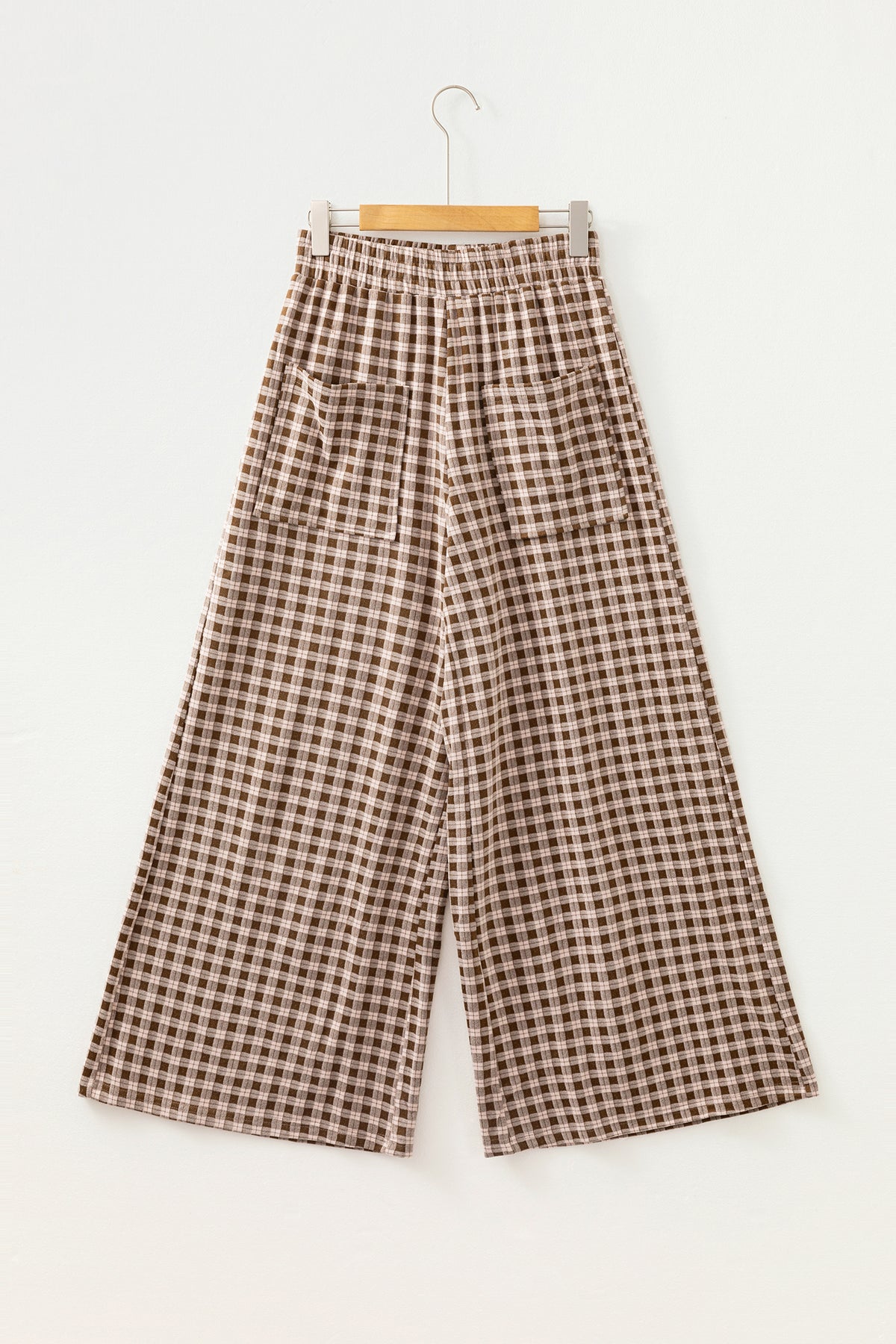 Khaki Plaid Elastic Waist Patch Pocket Wide Leg Pants