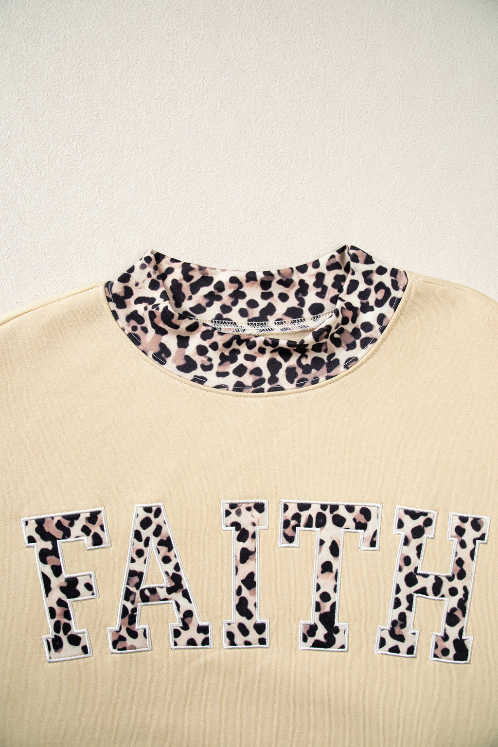 Parchment Leopard Trim High Neck FAITH Letter Graphic Baggy Sweatshirt