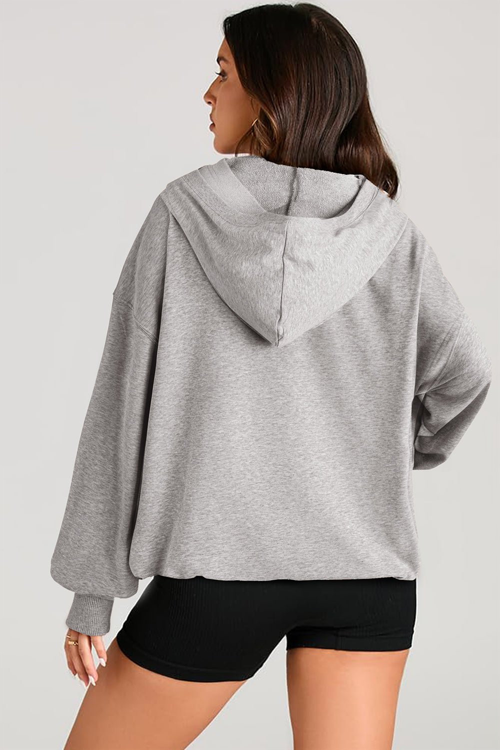 Black Solid Kangaroo Pocket Half Zipper Oversized Hoodie