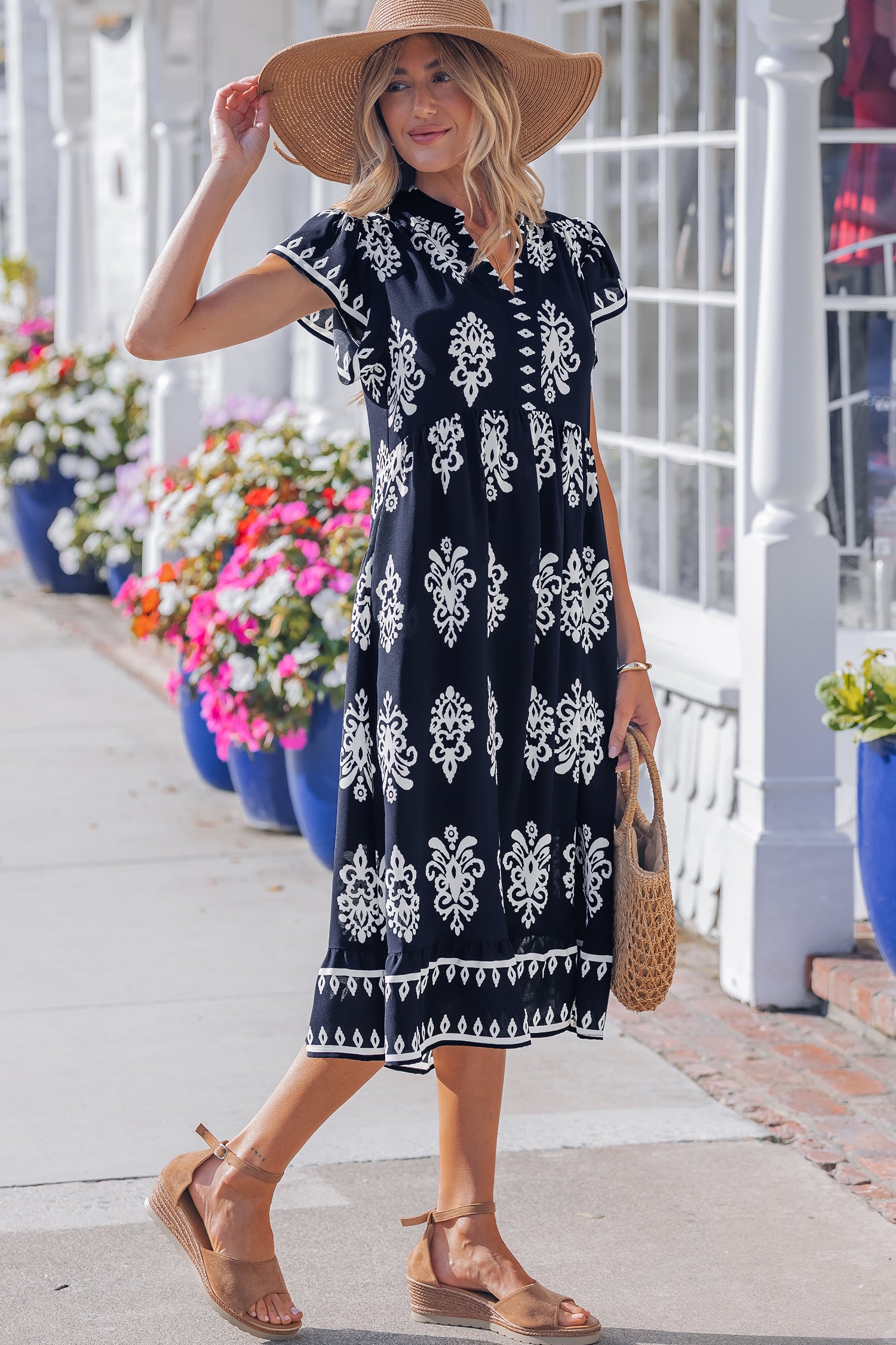 Blue Western Ethnic Print Notched Neck Short Sleeve Midi Dress