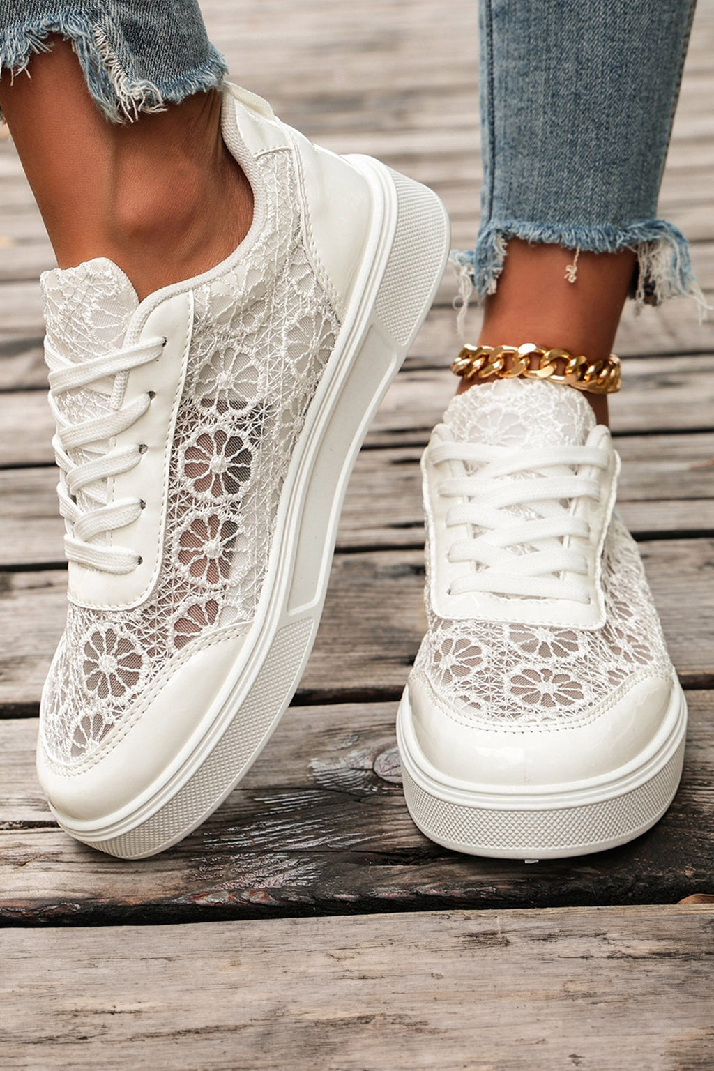 White Sheer Floral Lace Slip On Casual Sneakers