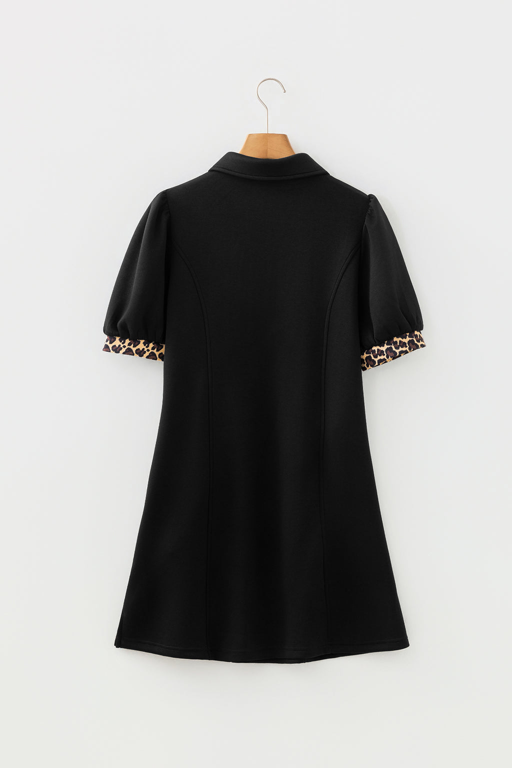 Black Leopard Patchwork Zip Collared Short Puff Sleeve Shift Mini Dress