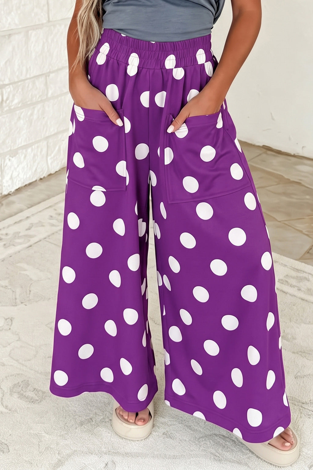 Black Polka Dot Wide Leg Elastic Waist Casual Pants