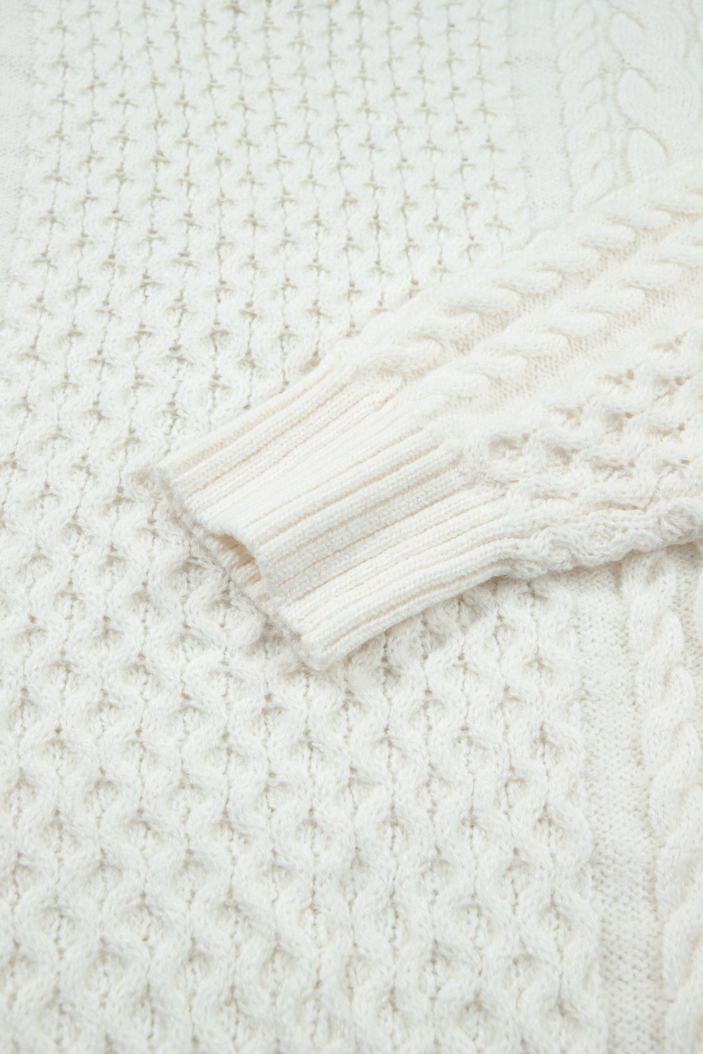 Beige Solid Color Cable Detail Knit Loose Round Neck Sweater