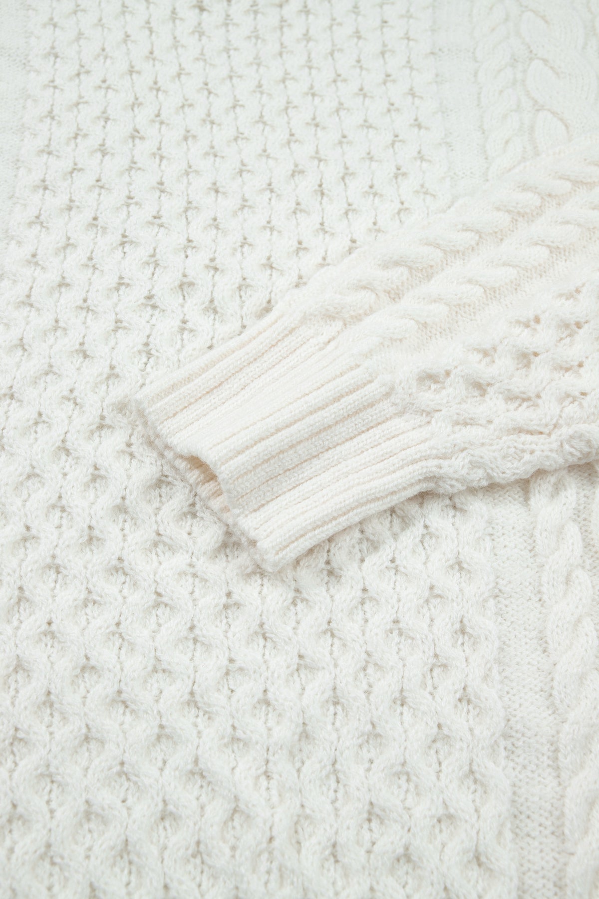 Beige Solid Color Cable Detail Knit Loose Round Neck Sweater