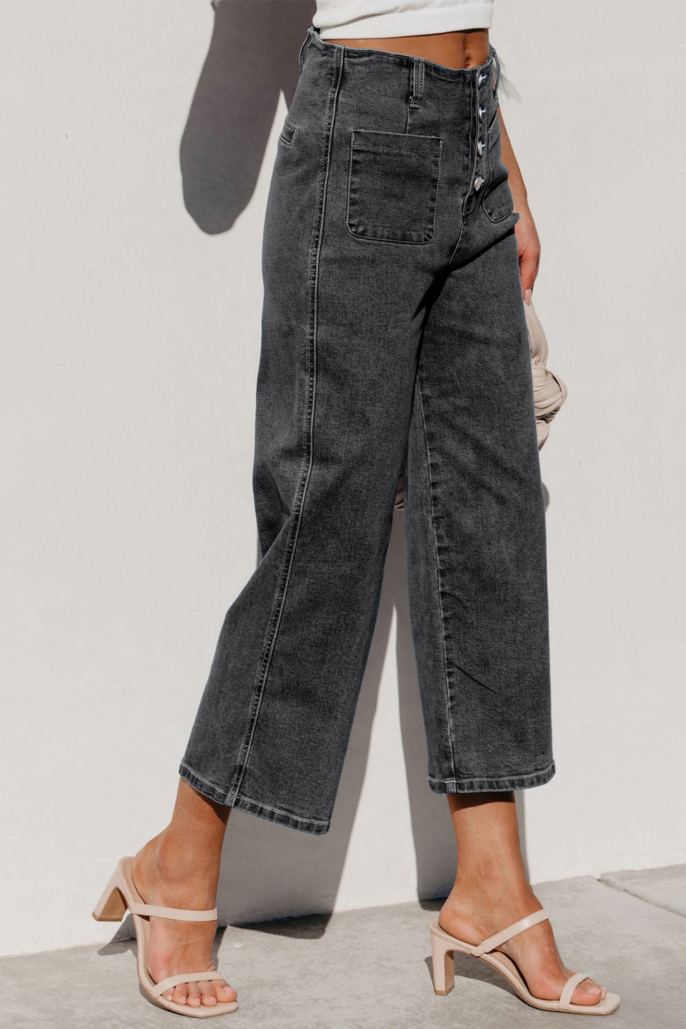 Sail Blue High Waist Button Front Wide Leg Cropped Jeans
