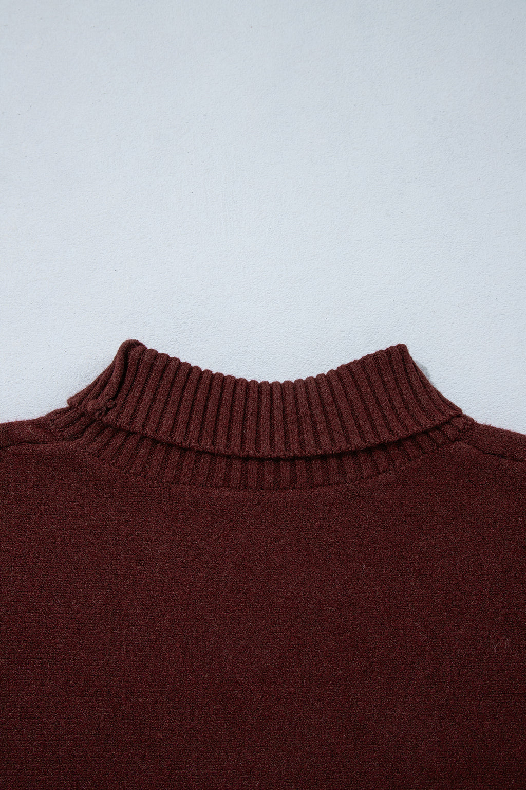 Dark Brown Ribbed Trim High Neck Short Sleeve Casual Sweater
