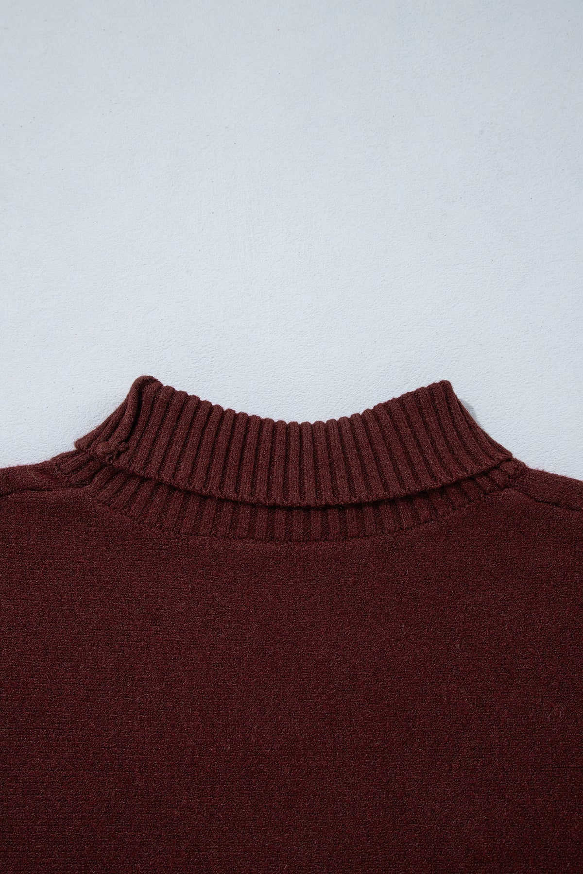 Dark Brown Ribbed Trim High Neck Short Sleeve Casual Sweater