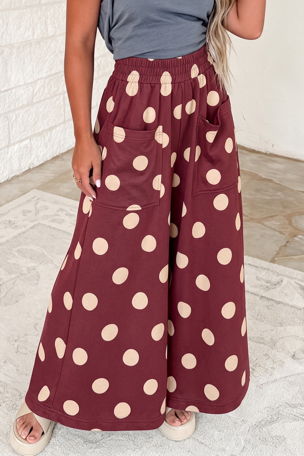 Black Polka Dot Wide Leg Elastic Waist Casual Pants