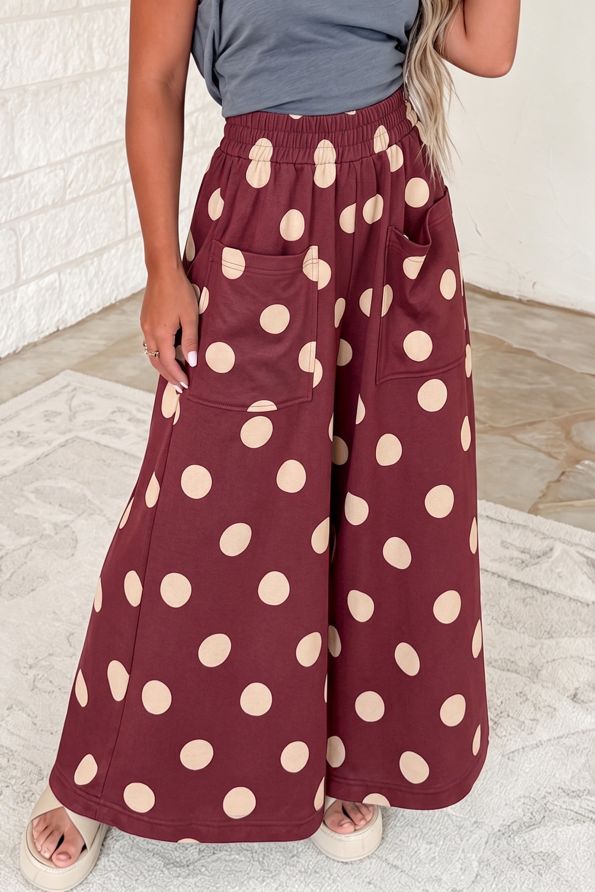 Black Polka Dot Wide Leg Elastic Waist Casual Pants