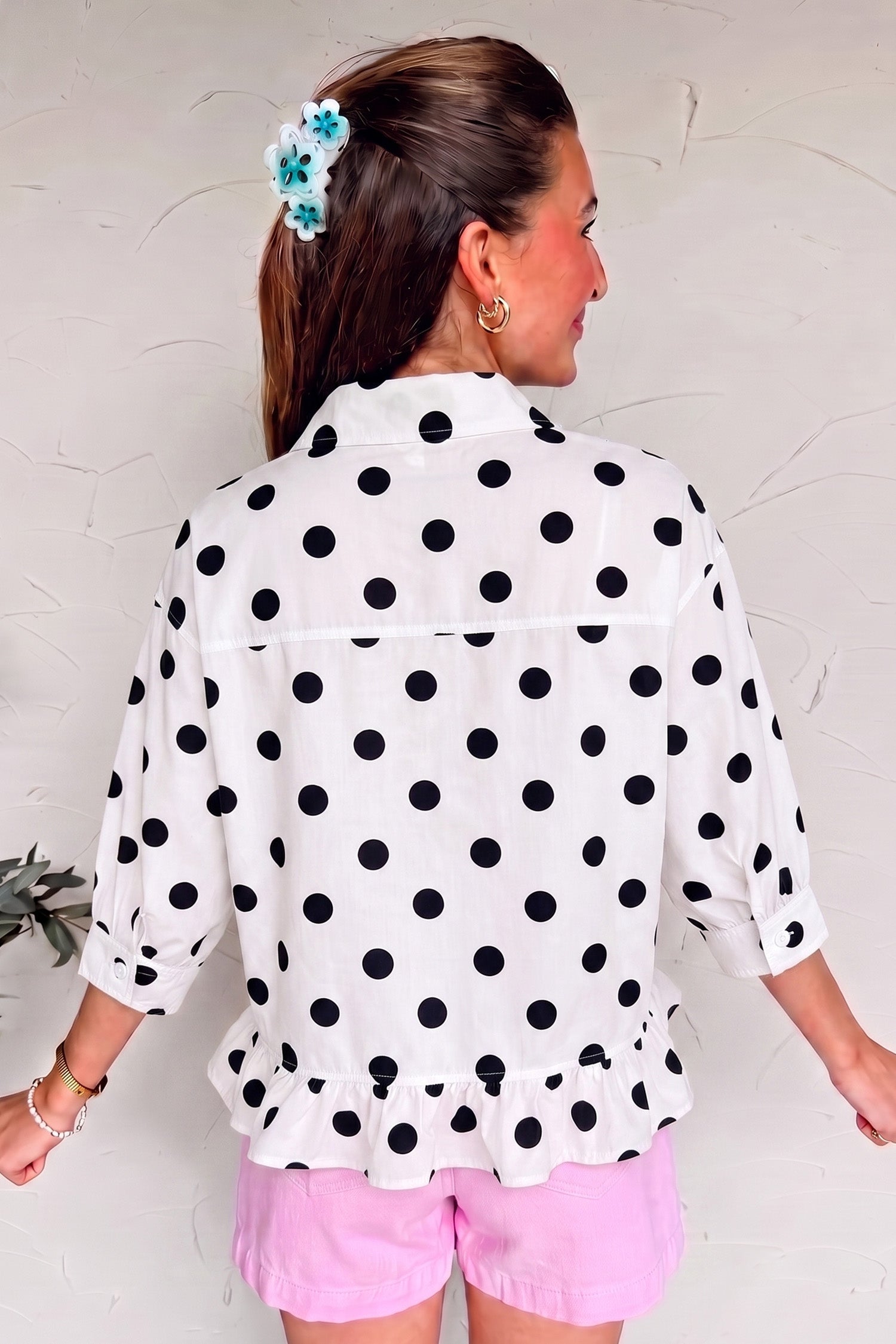 White Polka Dot Print Three Quarter Sleeve Ruffle Hem Casual Shirt