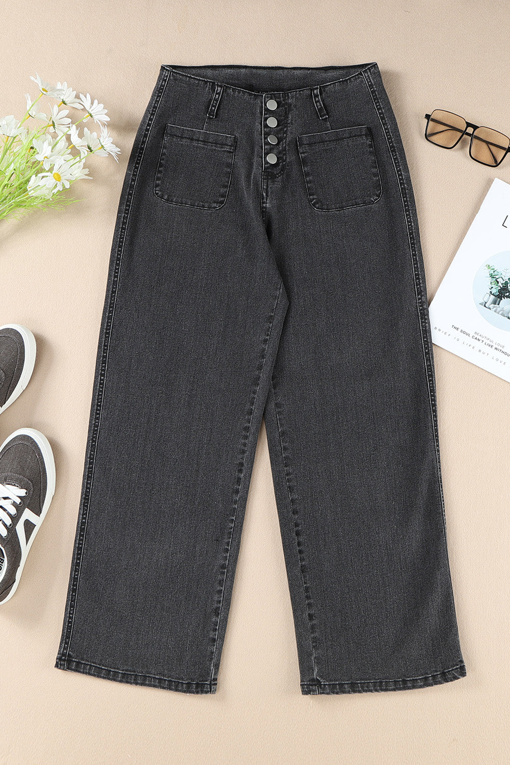 Sail Blue High Waist Button Front Wide Leg Cropped Jeans
