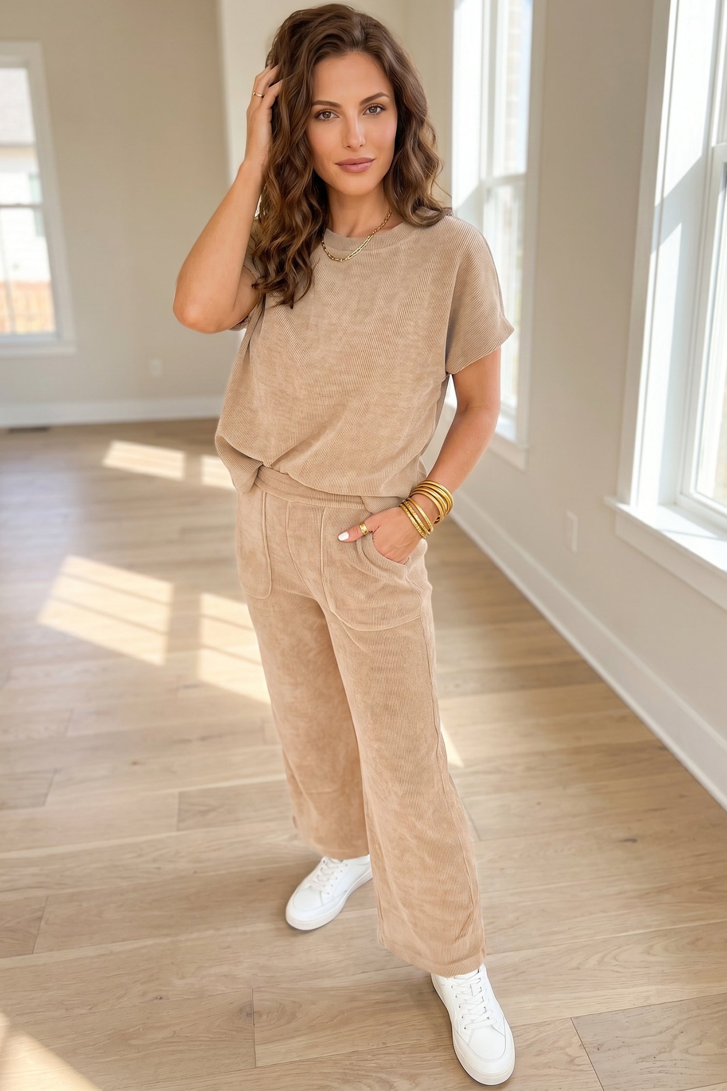 Light French Beige Short Sleeve Ribbed Top Wide Leg Pants Two Piece Set