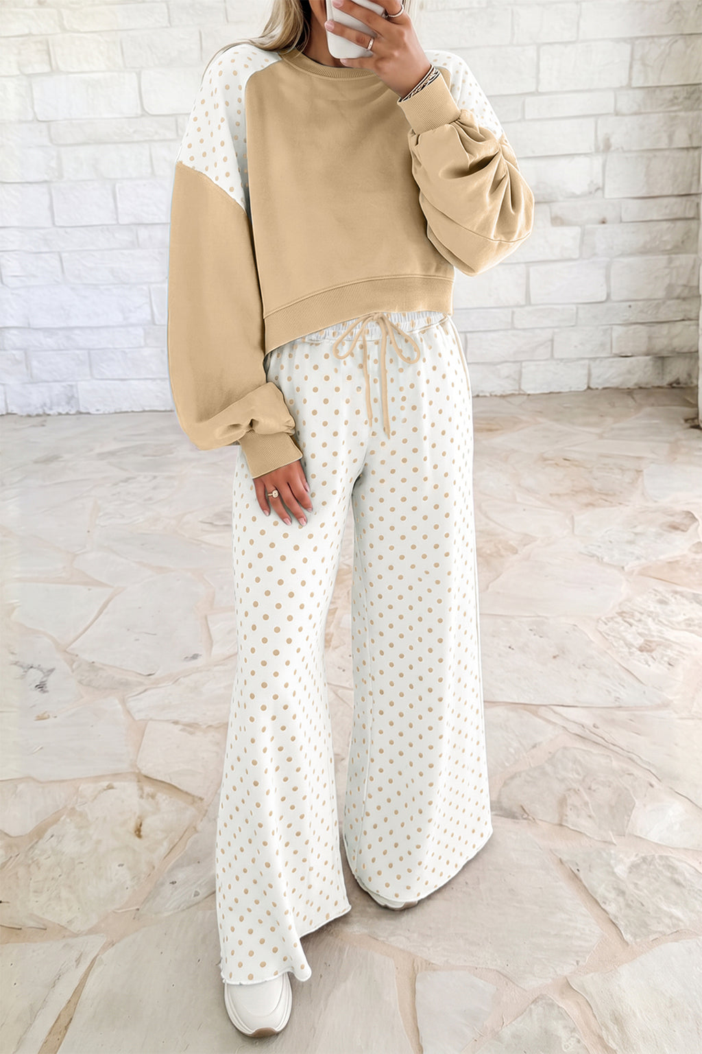 Green Polka Dot Patchwork Colorblock Long Sleeve Casual Two Piece Pants Set