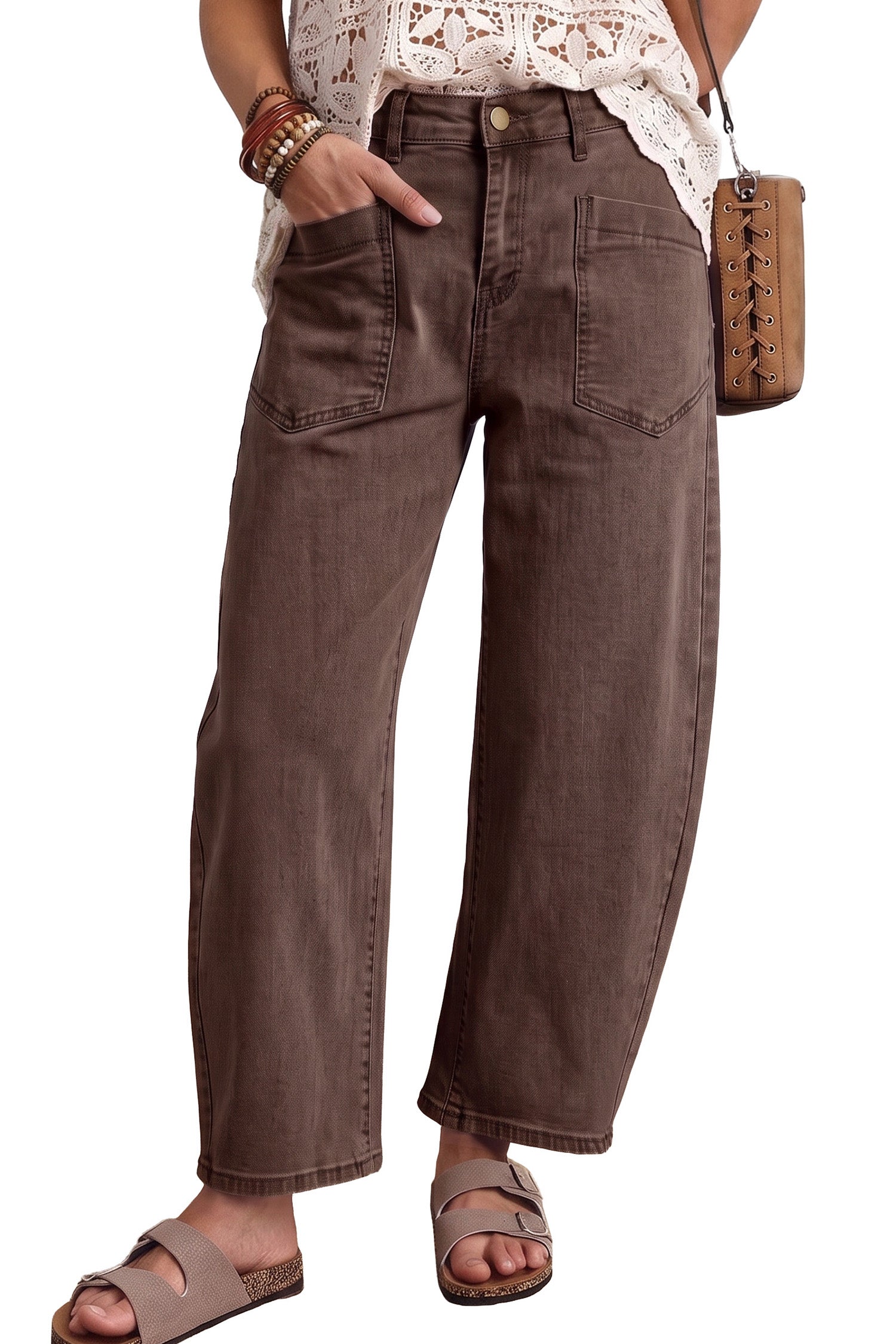 Four Leaf Clover Solid Color Square Patch Pocket Ankle-length Barrel Jeans
