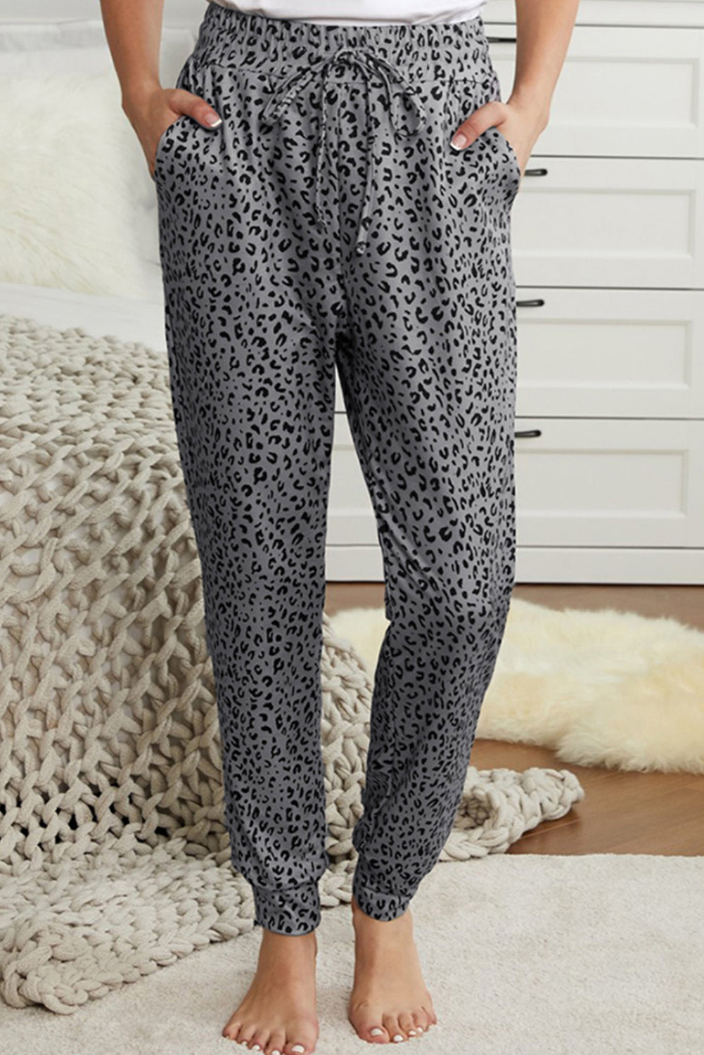 Gray Leopard Elastic Waist Casual Joggers