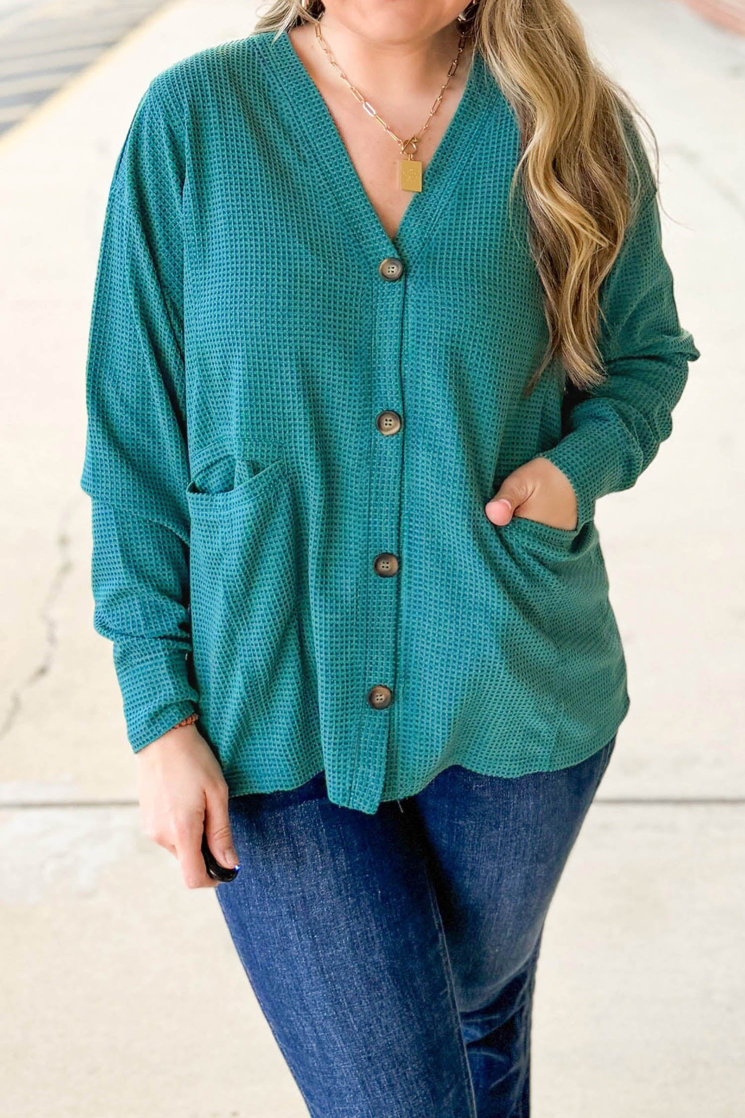 Lapis V Neck Waffle Textured Button Front Tunic Long Sleeve Plus Size Cardigan