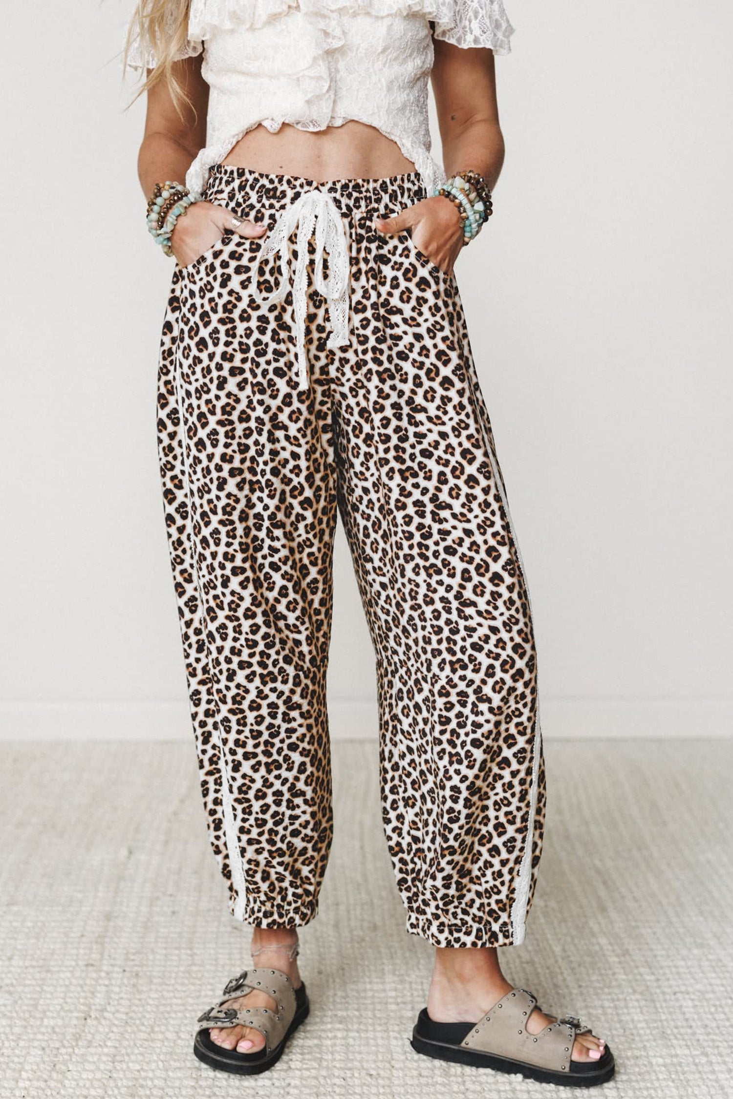 Black Leopard Print Ankle-Length Elastic Waist Pants