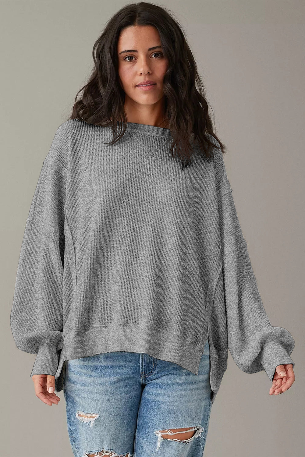 Pink Waffle knit Bishop Sleeve Split Oversized Top