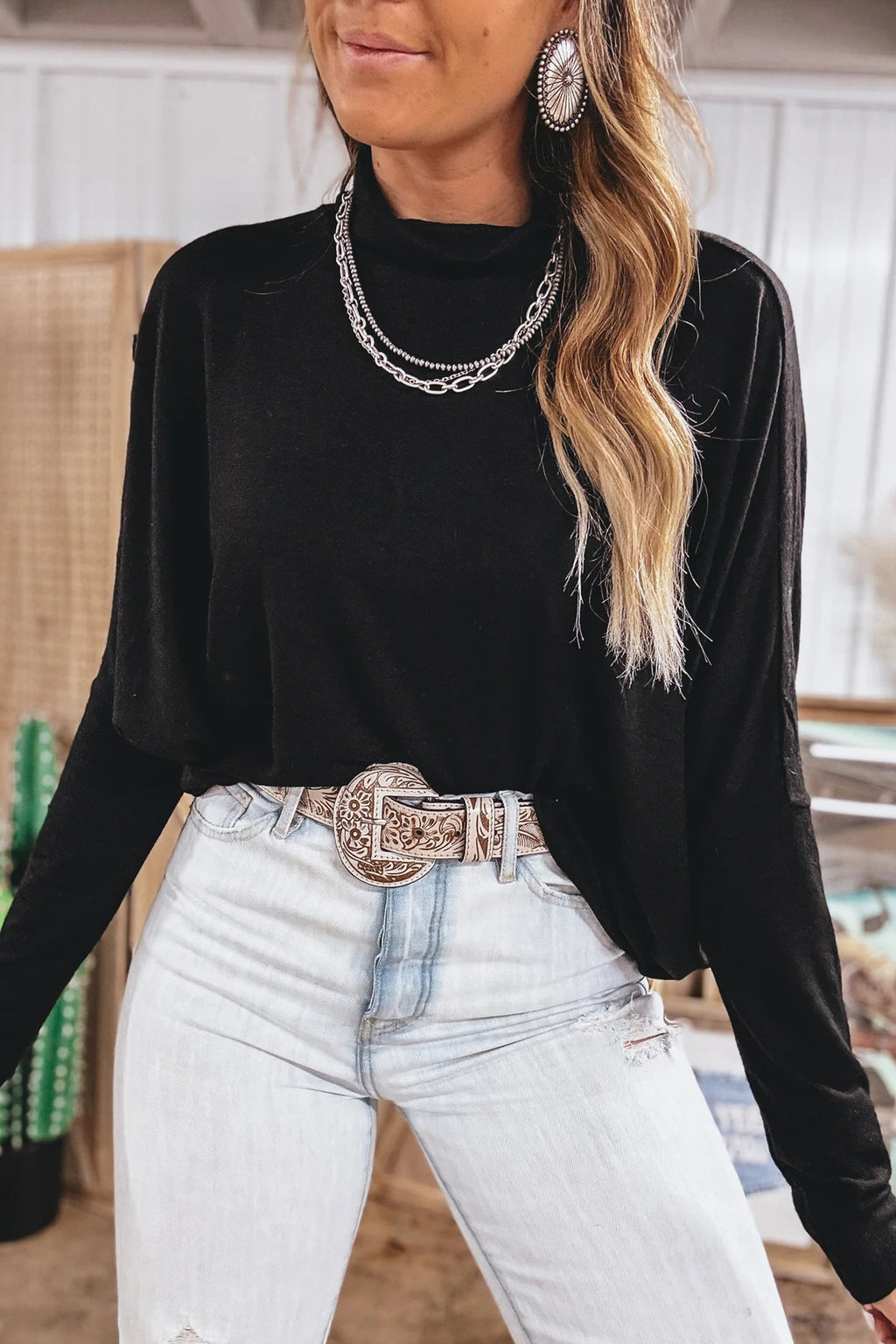 Red Sandalwood High Neck Long Sleeve Top