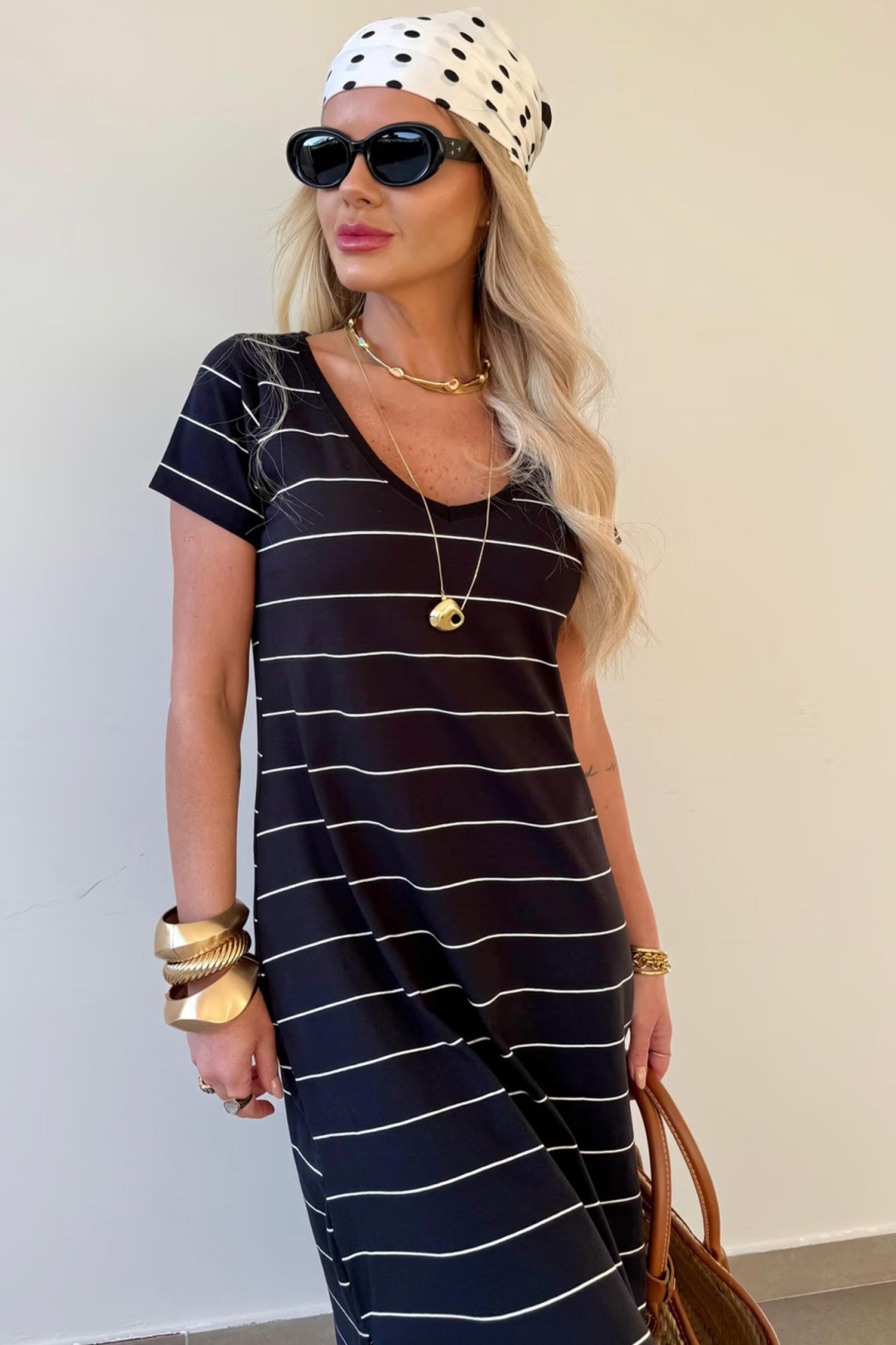 Khaki Stripe Casual Short Sleeve Side Slit Maxi T Shirt Dress