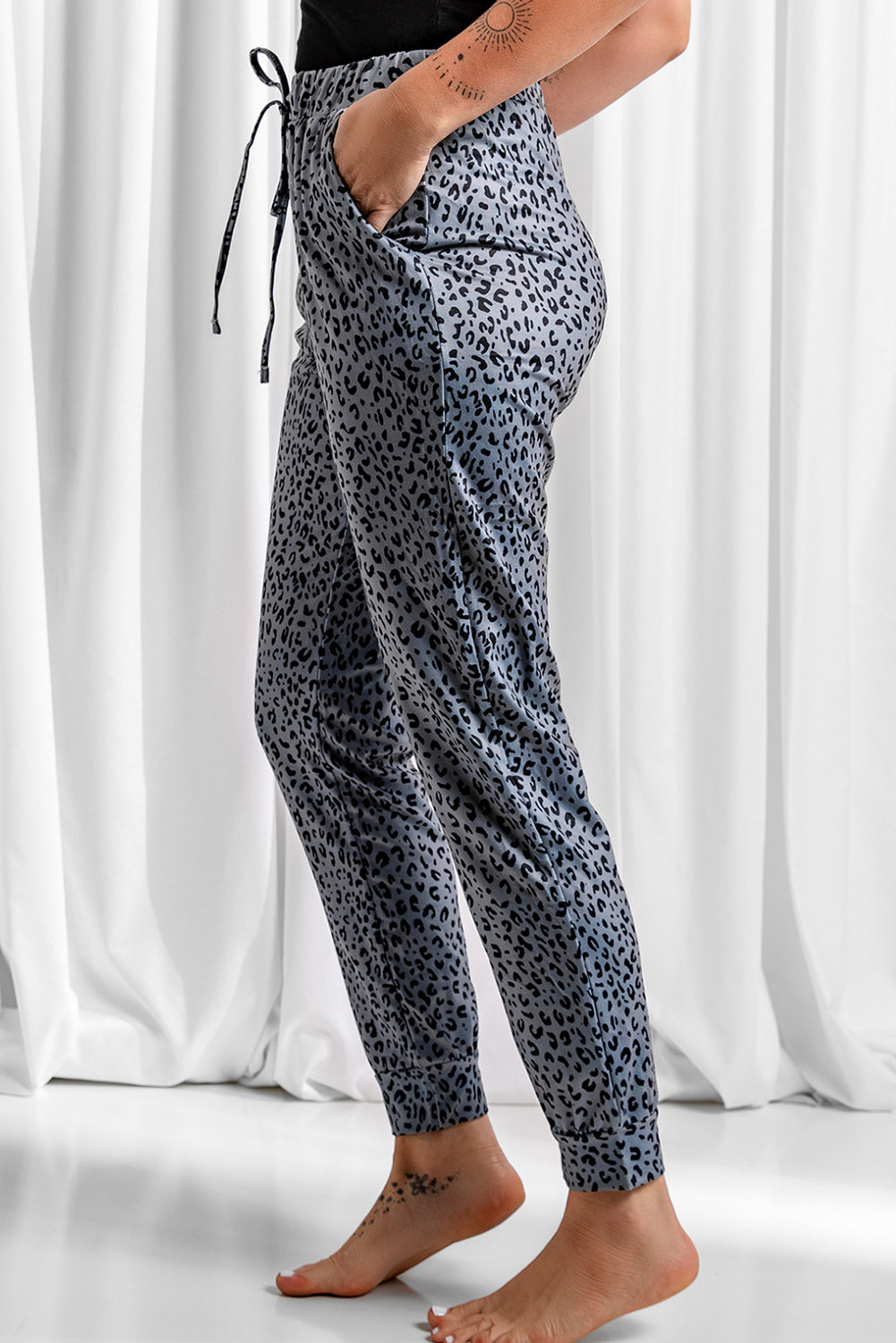 Gray Leopard Elastic Waist Casual Joggers