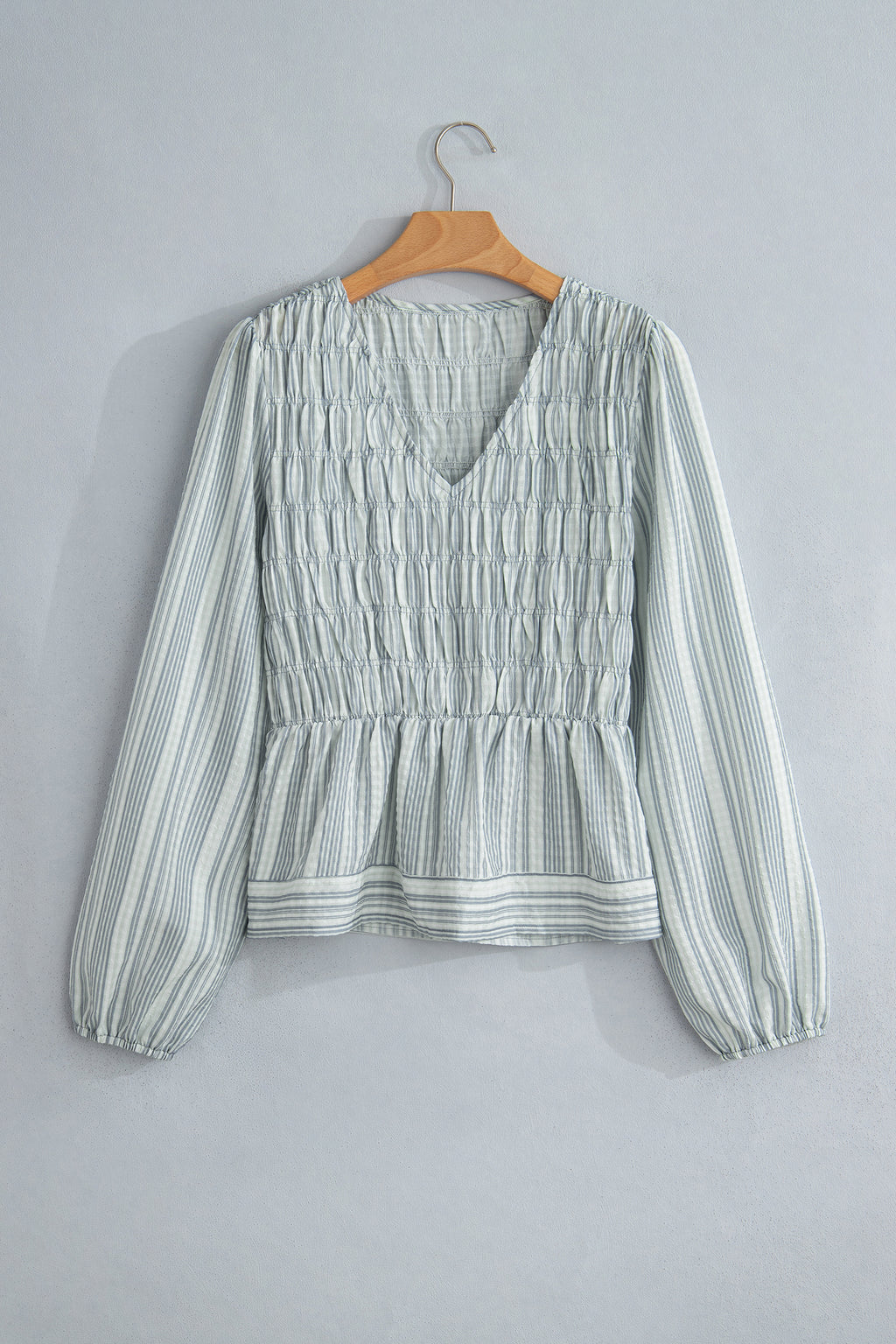 Blue Stripe V Neck Shirred Long Sleeve Blouse