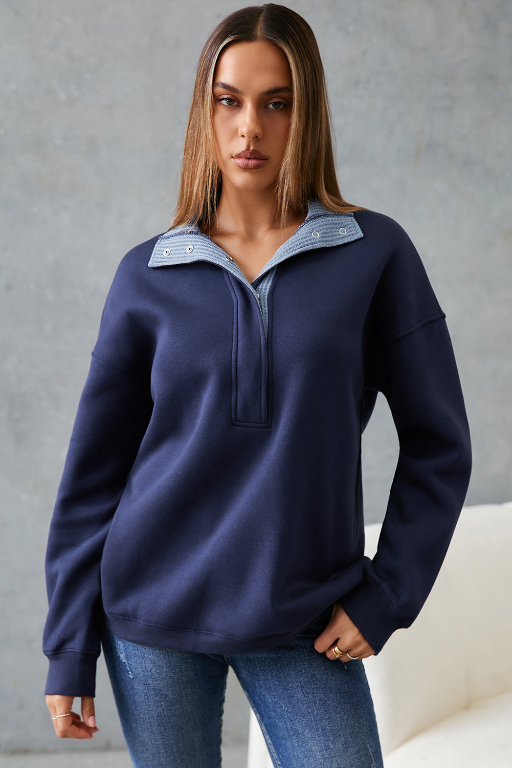 Dirty blue Drop Shoulder Metal Button Casual Pullover Sweatshirt