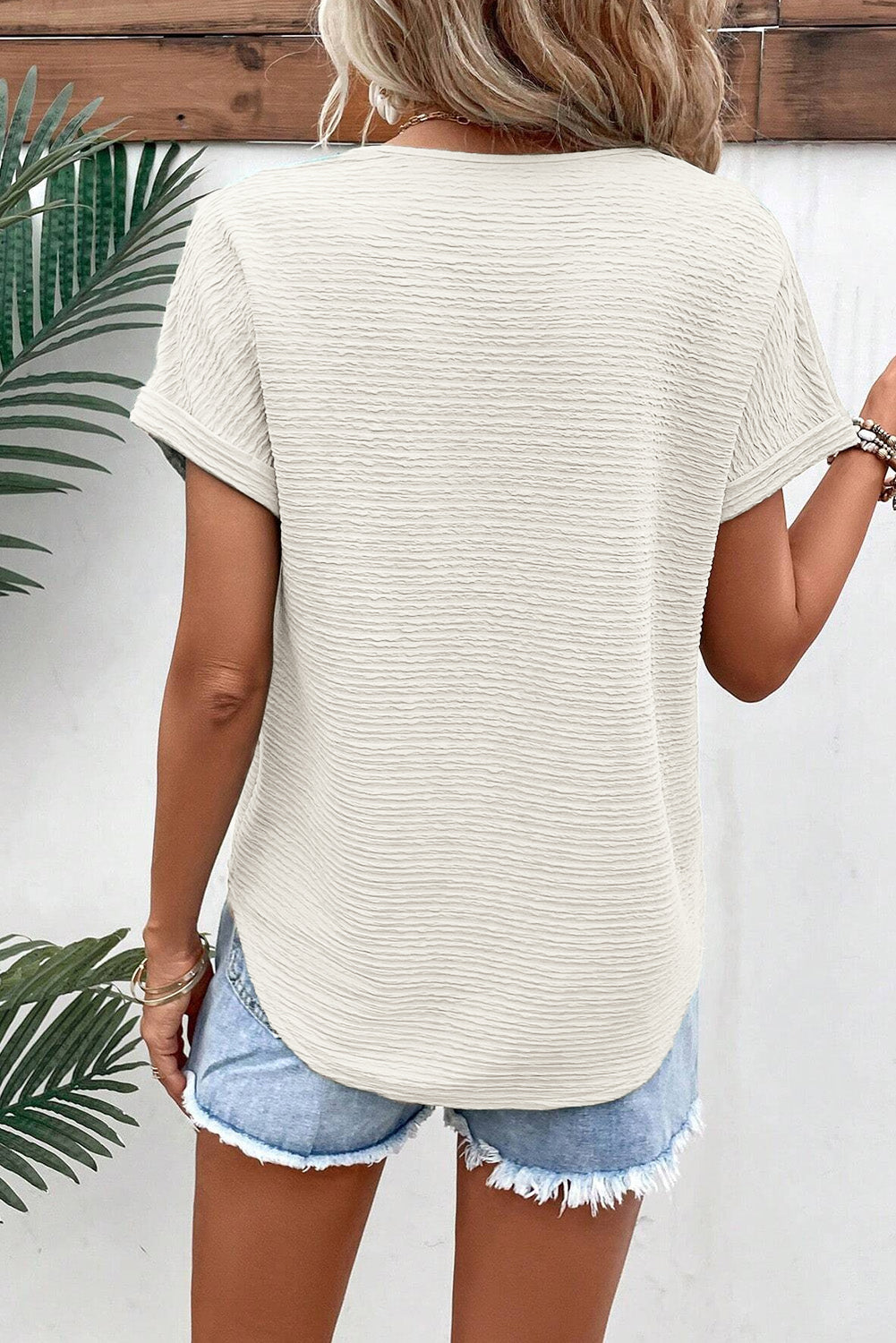 Beau Blue Textured Wide Sleeve V Neck T Shirt