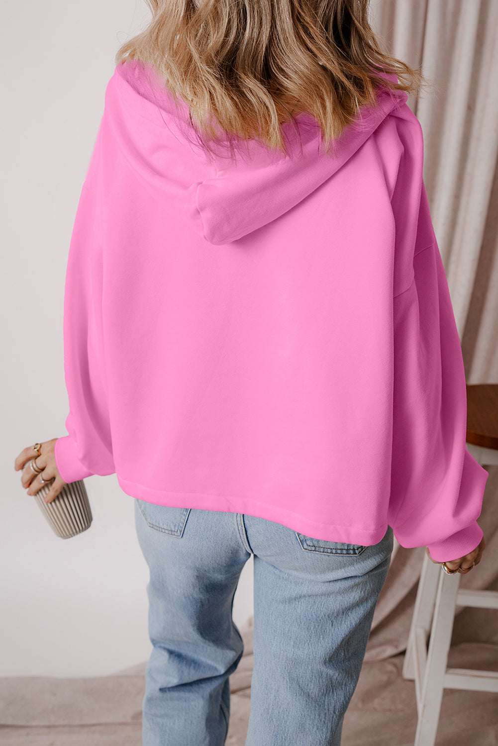 Black Fleece Lined Half Zipper Kangaroo Pockets Loose Hoodie