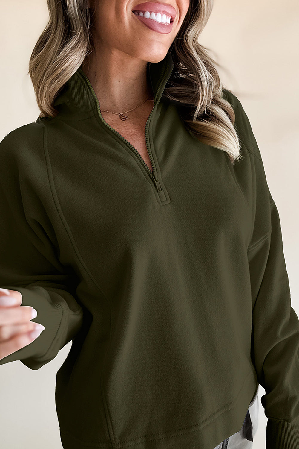 Fushia Zipped Neck Pullover Drop Shoulder Sweatshirt