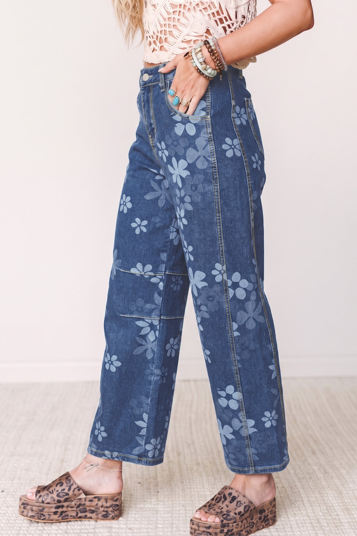 Blue Floral Print Ankle Length Casual Pocket Jeans